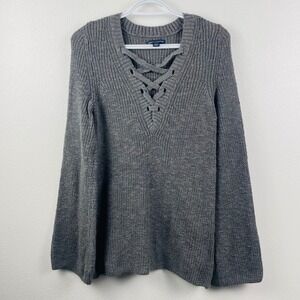 Y2K American Eagle Lace Up V Neck Chunky Knit Flare‎ Sleeve Sweater Womens Small